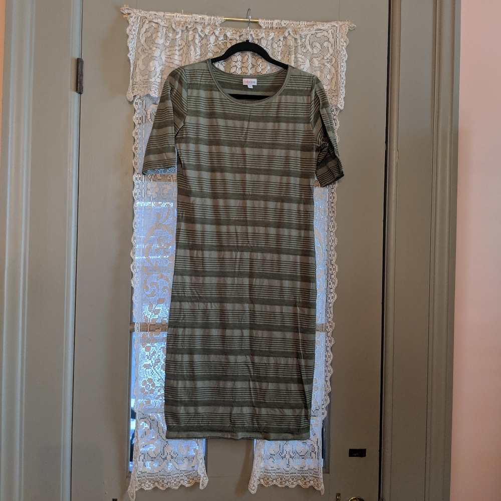 LuLaRoe Julia. Shades of olive green. NWOT.
